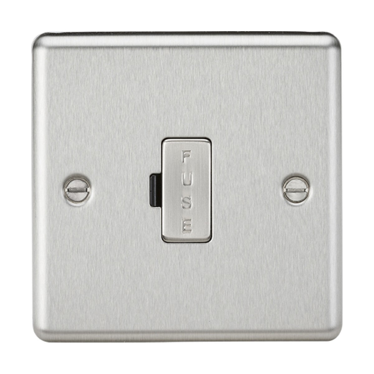 Introducing the 13A Fused Spur Unit in Brushed Chrome with a Rounded Edge, this elegant wall switch features an engraved label reading "FUSE" at its center, accented by two visible screws on either side. This unit balances style and functionality, making it a perfect fit for your modern electrical setup.