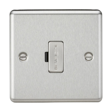 Introducing the 13A Fused Spur Unit in Brushed Chrome with a Rounded Edge, this elegant wall switch features an engraved label reading "FUSE" at its center, accented by two visible screws on either side. This unit balances style and functionality, making it a perfect fit for your modern electrical setup.