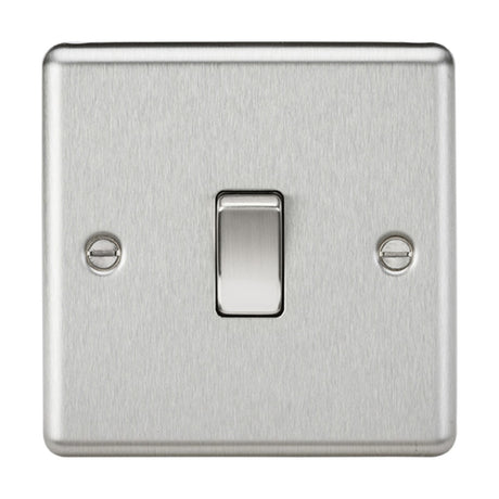 A 20A rated single brushed chrome light switch with a rounded edge is shown on a plain white background, featuring two screws—one on each side—and is currently in the off position.