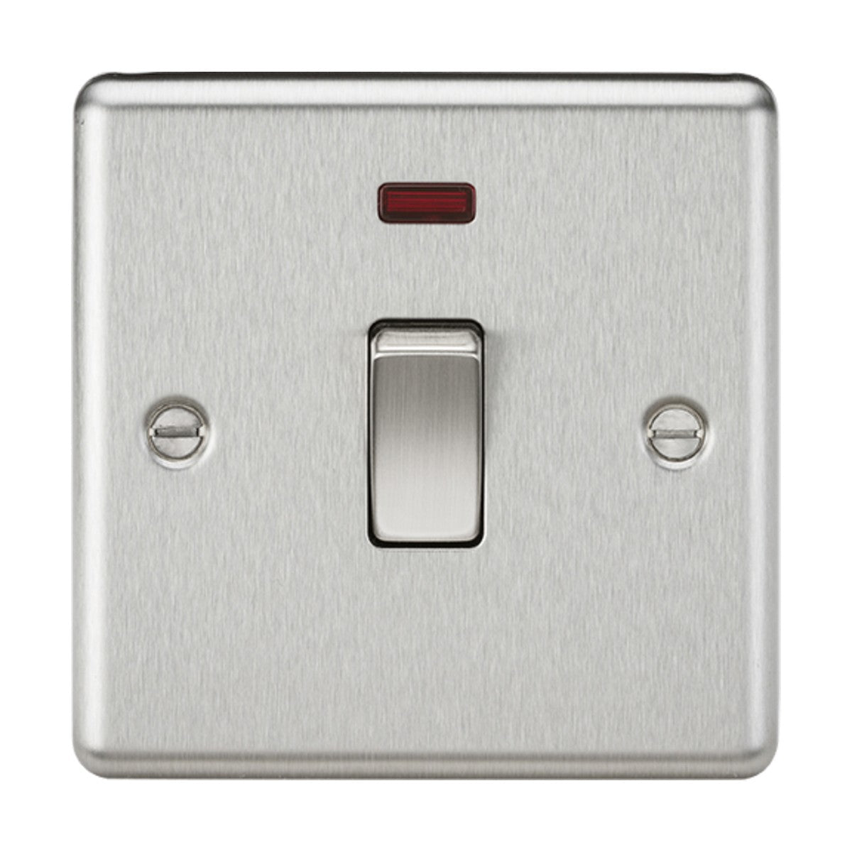 The 20A 1 Gang DP Switch Neon in brushed chrome features a rounded edge design with a red neon indicator light positioned above the switch. This double pole switch is centered on a square plate, making it ideal for water heaters, and includes visible screws on each side.