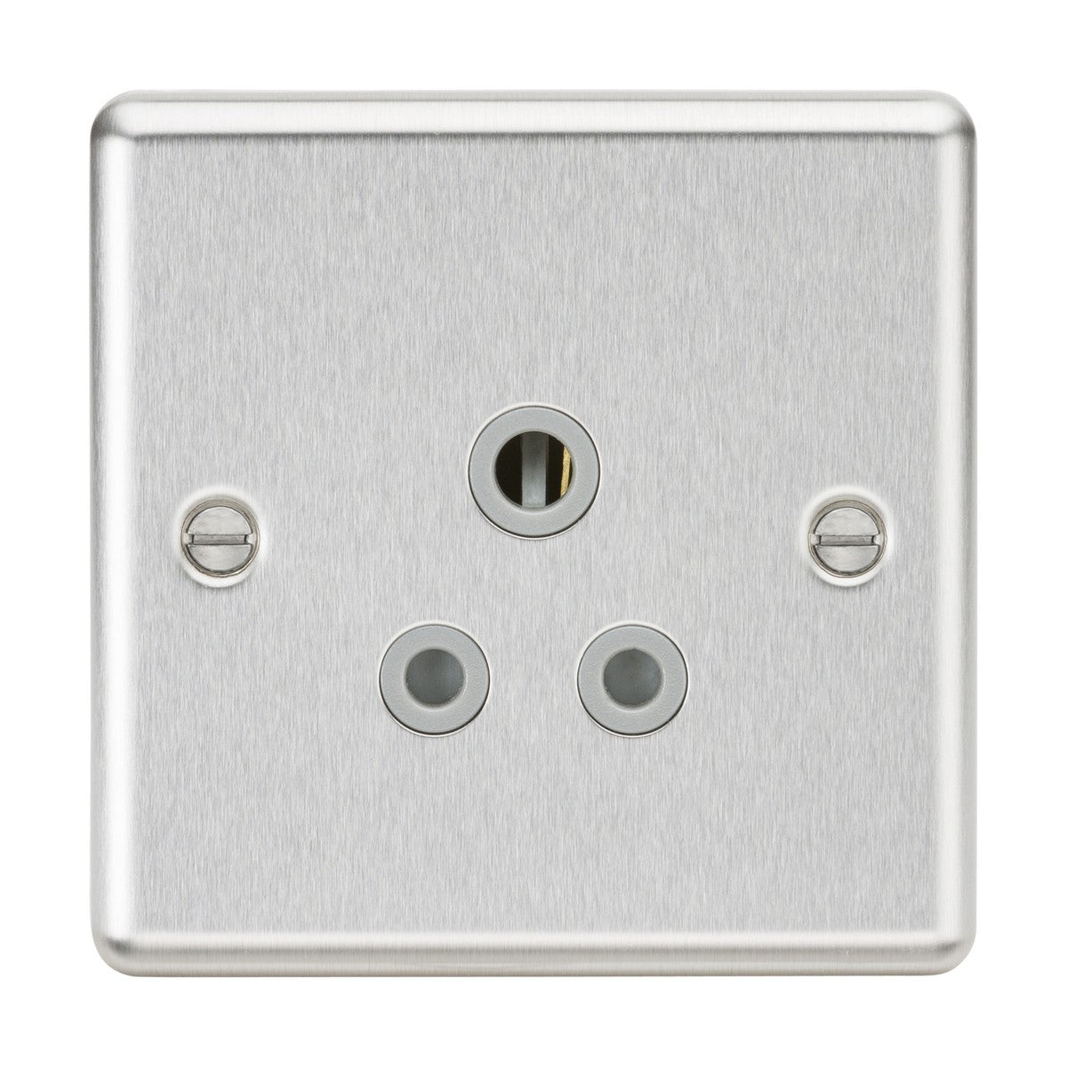 The 5A Unswitched Socket - Brushed Chrome Finish (Grey Insert) is a silver metal electrical wall socket with a 5A round pin design, featuring three circular holes in a triangular formation. It boasts two screws for mounting and smooth, slightly rounded edges that contribute to its elegant appearance.