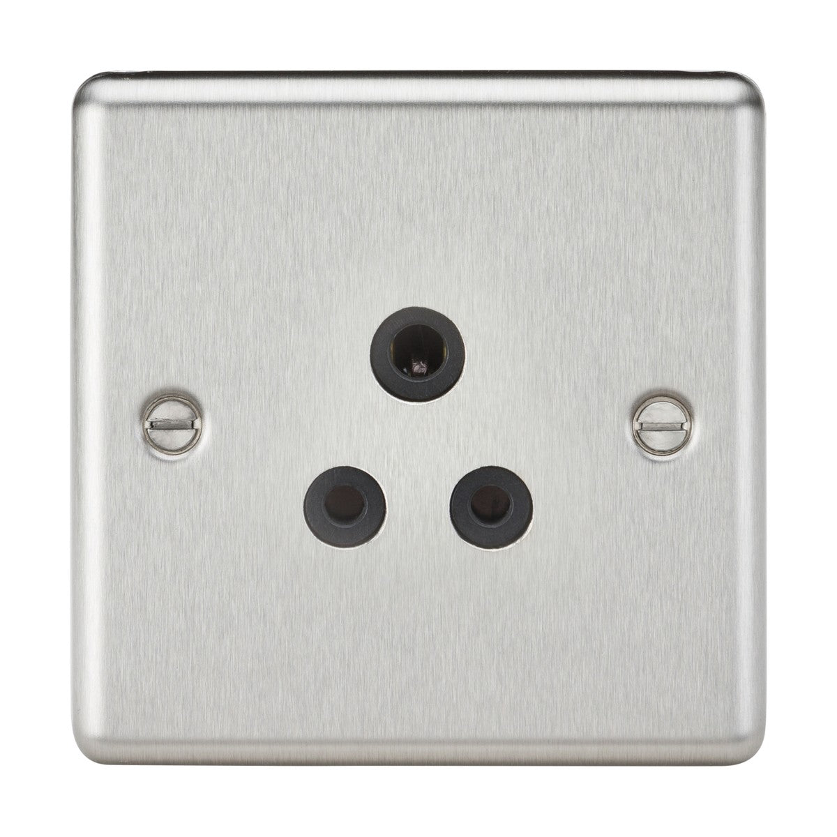 The 5A Unswitched Socket in brushed chrome finish with a black insert enhances any space with its decorative appeal. It features three circular holes arranged in a triangular pattern and a brushed finish, along with two visible screws on each side for easy mounting, making it perfect for custom lighting solutions.