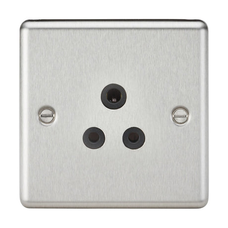 The 5A Unswitched Socket in brushed chrome finish with a black insert enhances any space with its decorative appeal. It features three circular holes arranged in a triangular pattern and a brushed finish, along with two visible screws on each side for easy mounting, making it perfect for custom lighting solutions.