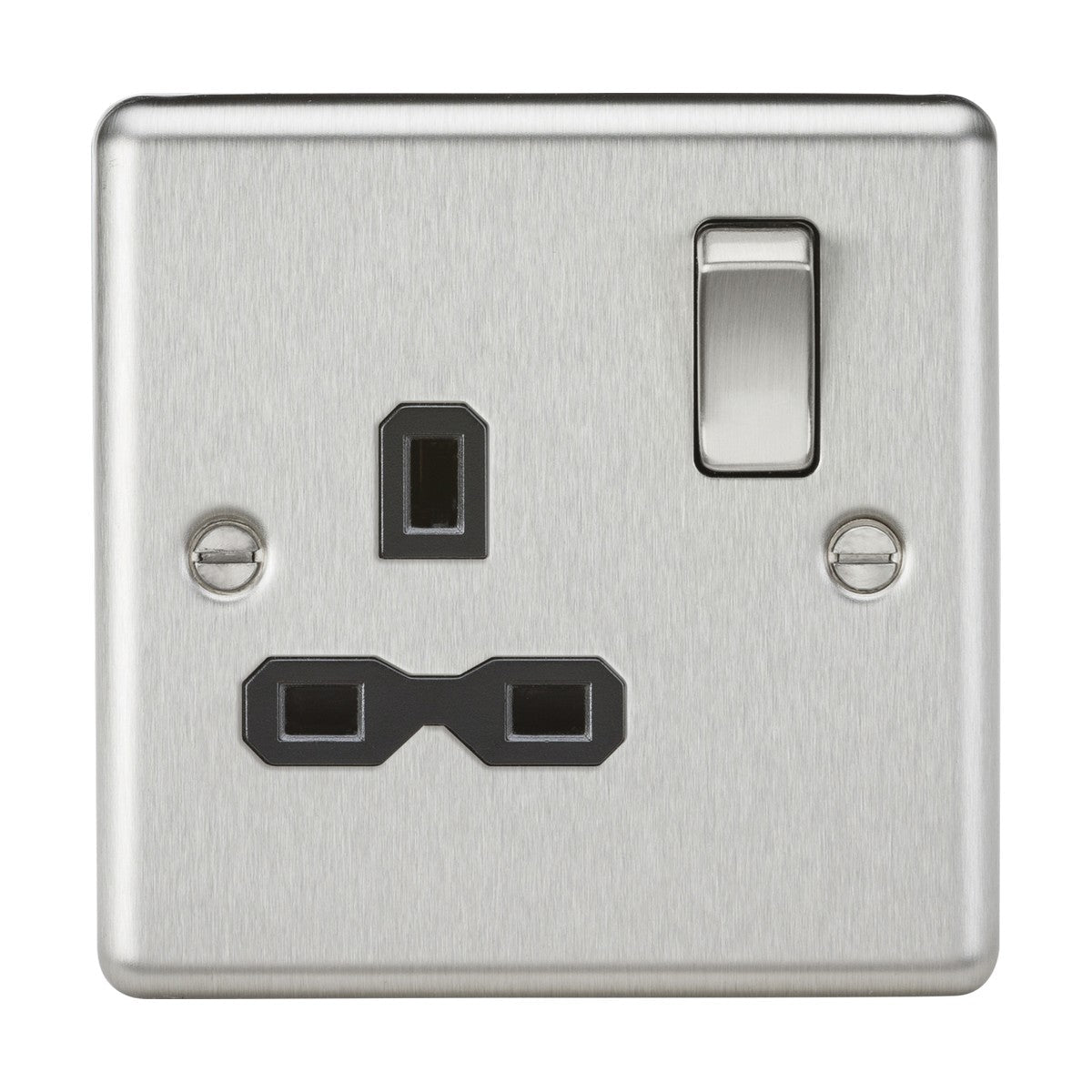 The 13A 1 Gang DP Switched Socket features a brushed chrome finish with a black insert and rounded edges. Its British standard plug outlet, along with the switch on the right side, enhances any room decor with its stylish metallic surface and contemporary design.