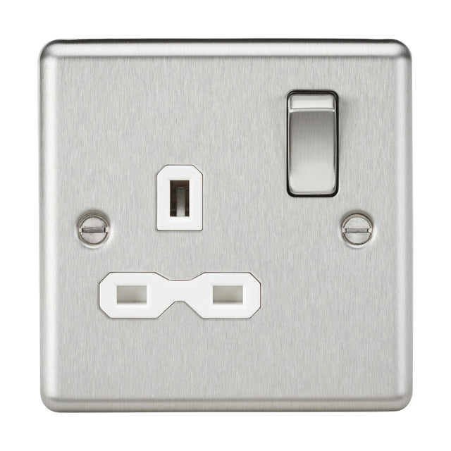 13A 1 Gang DP Switched Socket - Brushed Chrome (White Insert, Rounded Edge)