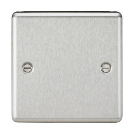 The 1 Gang Blanking Plate - Brushed Chrome (Rounded Edge) is crafted from premium grade steel and features two visible screws. This square plate is designed to cover unused electrical outlets or switch spaces, adhering to IEC 60670-1 specifications for reliability and safety.