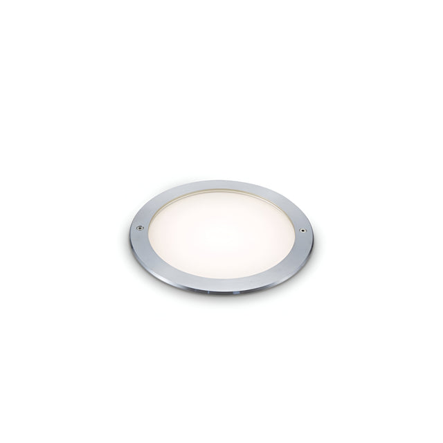 A round recessed ceiling light featuring a silver metallic rim and a frosted glass cover, similar to the Zephyra LED Round Recessed Ground Light - 6W, 3000K, Silver, set against a white background.