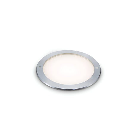 The Zephyra LED Round Recessed Ground Light, featuring a modern design with a silver rim and white diffuser, is perfect for seamless installation on a plain white background.