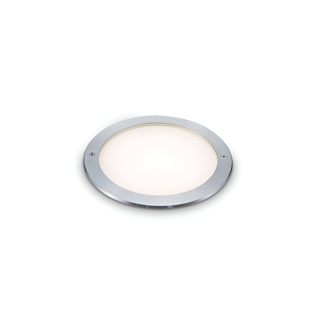 The Zephyra LED Round Recessed Ground Light, featuring a modern design with a silver rim and white diffuser, is perfect for seamless installation on a plain white background.