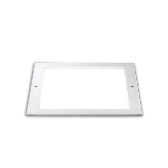 The Zephyra LED Square Recessed Ground Light - 21W, 3000K, Silver is set against a plain white background. This square recessed ground light is ideal for outdoor lighting, showcasing a bright illuminated center and boasting an IP67 rating for durability.