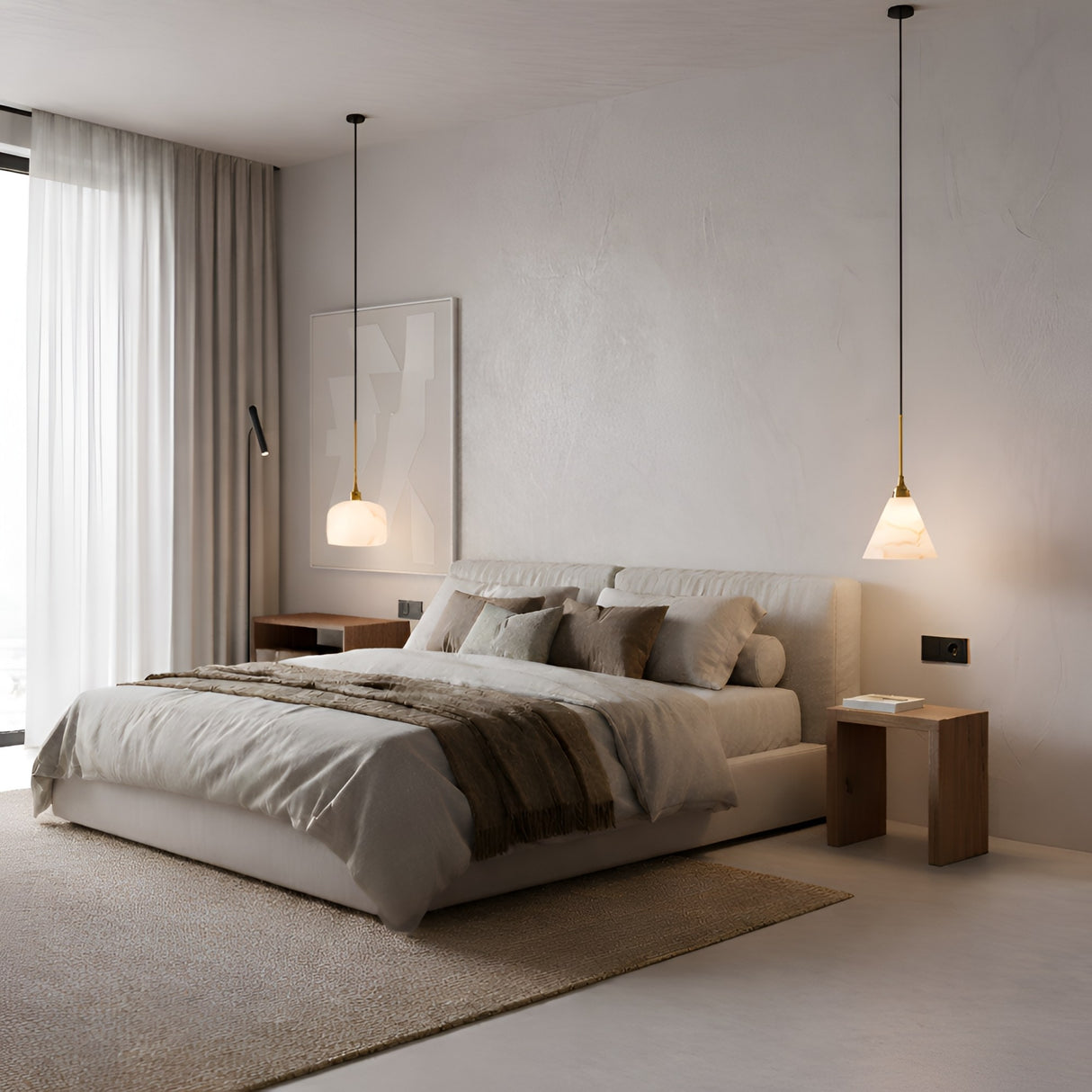 A modern, minimalistic bedroom with a large bed, neutral bedding, wooden nightstands, a textured rug, light curtains, abstract wall art, and natural light features the Novera 1 Light Conical Alabaster Single Pendant in Soft White & Brushed Brass.