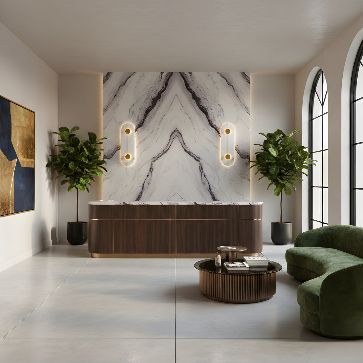Modern reception area with a marble accent wall, Elaris LED Capsule Alabaster Wall Light in soft white & brass, a dark wood desk, potted plants, a green curved sofa, round coffee table, and large arched windows with natural light.