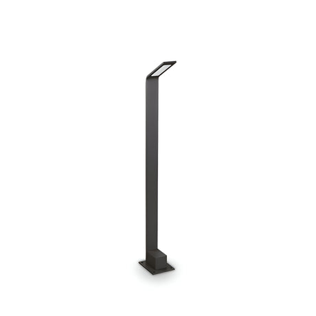 The Clarixa Outdoor LED Bollard Light features a sleek, minimalist design with a slim, angular black frame and a small rectangular light source at the top. This sophisticated 80cm LED piece stands out against a plain white background.
