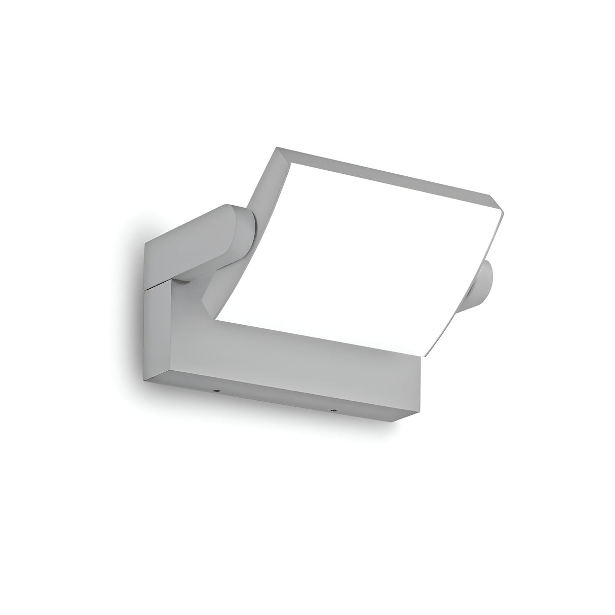 The Solstice LED Outdoor Wall Light 20.5W 3000K in Grey features a contemporary wall-mounted design with sleek, angular aesthetics and a metallic gray finish. With an IP54 rating, it showcases a rectangular, flat light panel supported by two cylindrical arms, providing a gentle white illumination.