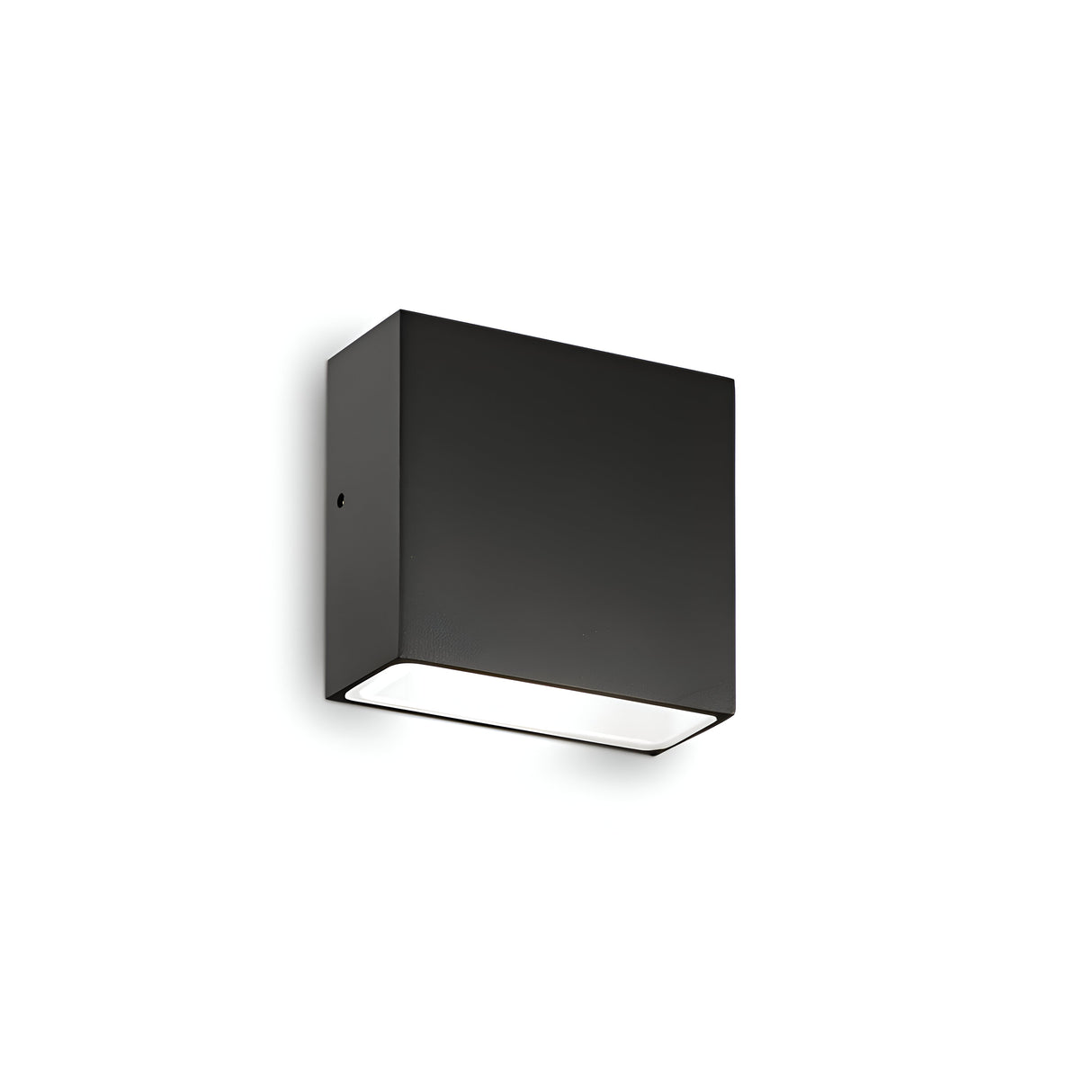 The Sparka-1 Outdoor Wall Light - Black is a contemporary and minimalist rectangular fixture with an IP44 rating. It features a sleek design that emits light from the bottom, beautifully showcased against a white background.