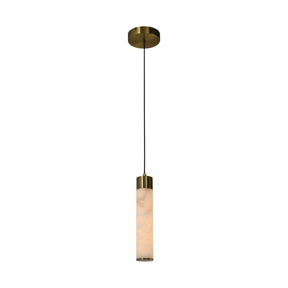 The Norex LED Tube Alabaster Single Pendant Light features a soft white cylindrical glass shade with brushed brass accents, suspended from a black cord and round brass ceiling mount.