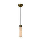 The Norex LED Tube Alabaster Single Pendant Light features a soft white cylindrical glass shade with brushed brass accents, suspended from a black cord and round brass ceiling mount.