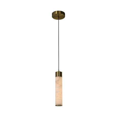 The Norex LED Tube Alabaster Single Pendant Light features a soft white cylindrical glass shade with brushed brass accents, suspended from a black cord and round brass ceiling mount.