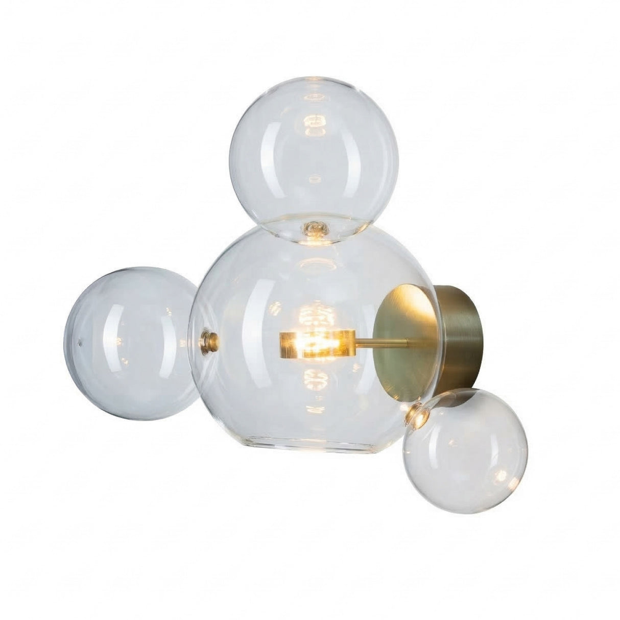The Bubble LED Glass Wall Light - Gold features four clear glass globes in different sizes, clustered around a gold metal base and stem, creating a modern, elegant look perfect for contemporary spaces.