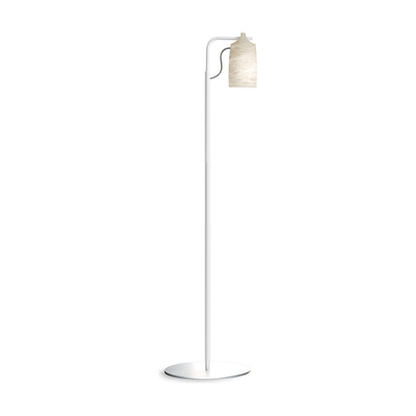 Paros Alabaster Floor Lamp in white, featuring a slim iron stem with curved arm, round flat base, and a veined alabaster cylinder shade, shown on a plain white background.