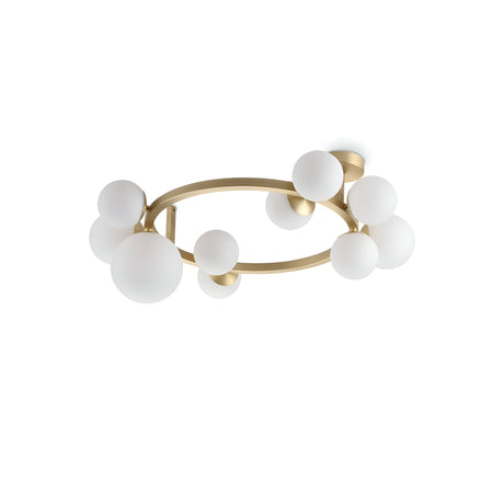 The Solana 10 Light Ceiling Light in white boasts a circular gold frame with round, acid-etched glass globes in various sizes, adding a contemporary and artistic touch to any modern interior.