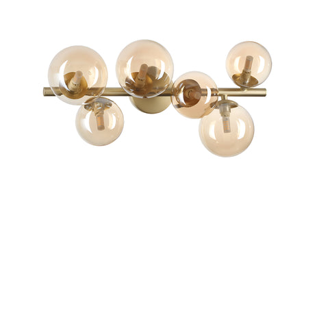 Introducing the Solana 6 Light Ceiling & Wall Light - Brass, a contemporary lighting fixture with six spherical bulbs affixed to a sleek horizontal metallic bar. The bulbs vary in size, creating a delightful bubble-like cluster. With its minimalist design and warm golden hue, this elegant piece brings an air of sophistication to any room.