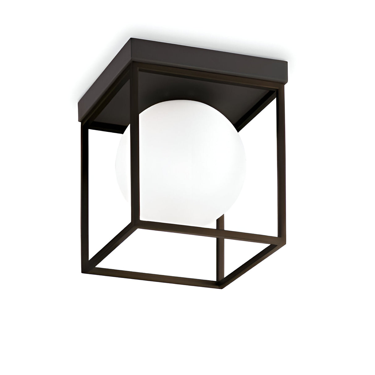 The Dawn 1 Light Flush - Black features a sleek and contemporary design, with a modern black square geometric metal frame surrounding a white spherical bulb, adding a minimalist style to any room.