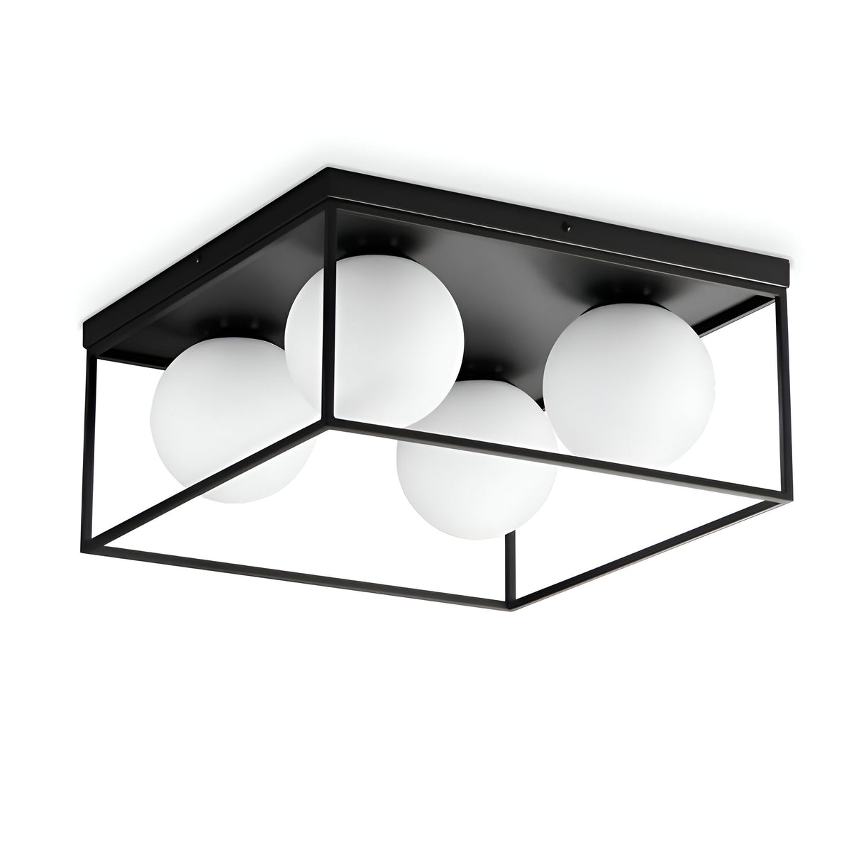 This modern lighting piece, the Dawn 4 Light Flush - Black, is a sleek flush mount fixture featuring a square frame with four spherical white lamps. Its minimalist design and geometric aesthetic make it ideal for contemporary interiors.