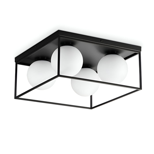 This modern lighting piece, the Dawn 4 Light Flush - Black, is a sleek flush mount fixture featuring a square frame with four spherical white lamps. Its minimalist design and geometric aesthetic make it ideal for contemporary interiors.