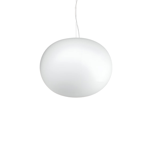 The Phosra 1 Light Pendant - White, 40cm features a modern spherical design in a pristine white finish, suspended delicately from a slender cable against a simple background. Its chic and contemporary style is accentuated by an acid-etched glass diffuser, which presents a smooth, glossy facade that exudes minimalist elegance.