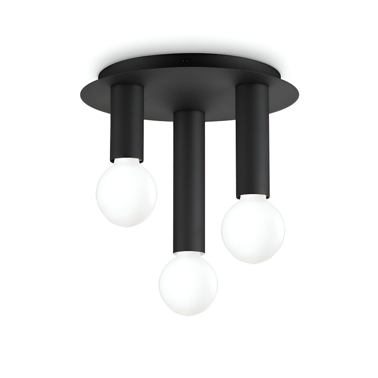 The Aetheron 3 Light Semi Flush in black showcases three black cylindrical pendants with round white bulbs, all set against a white backdrop. Its minimalist design and sleek black finish perfectly capture the essence of modern lighting.
