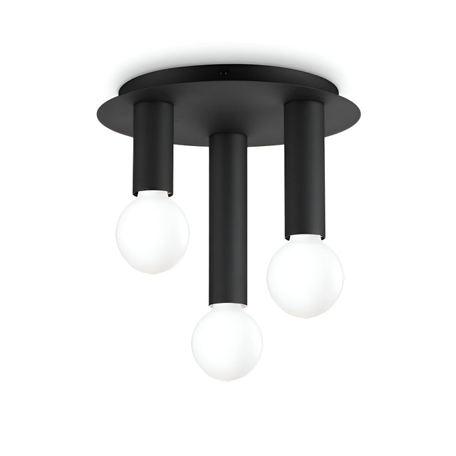 The Aetheron 3 Light Semi Flush in black showcases three black cylindrical pendants with round white bulbs, all set against a white backdrop. Its minimalist design and sleek black finish perfectly capture the essence of modern lighting.