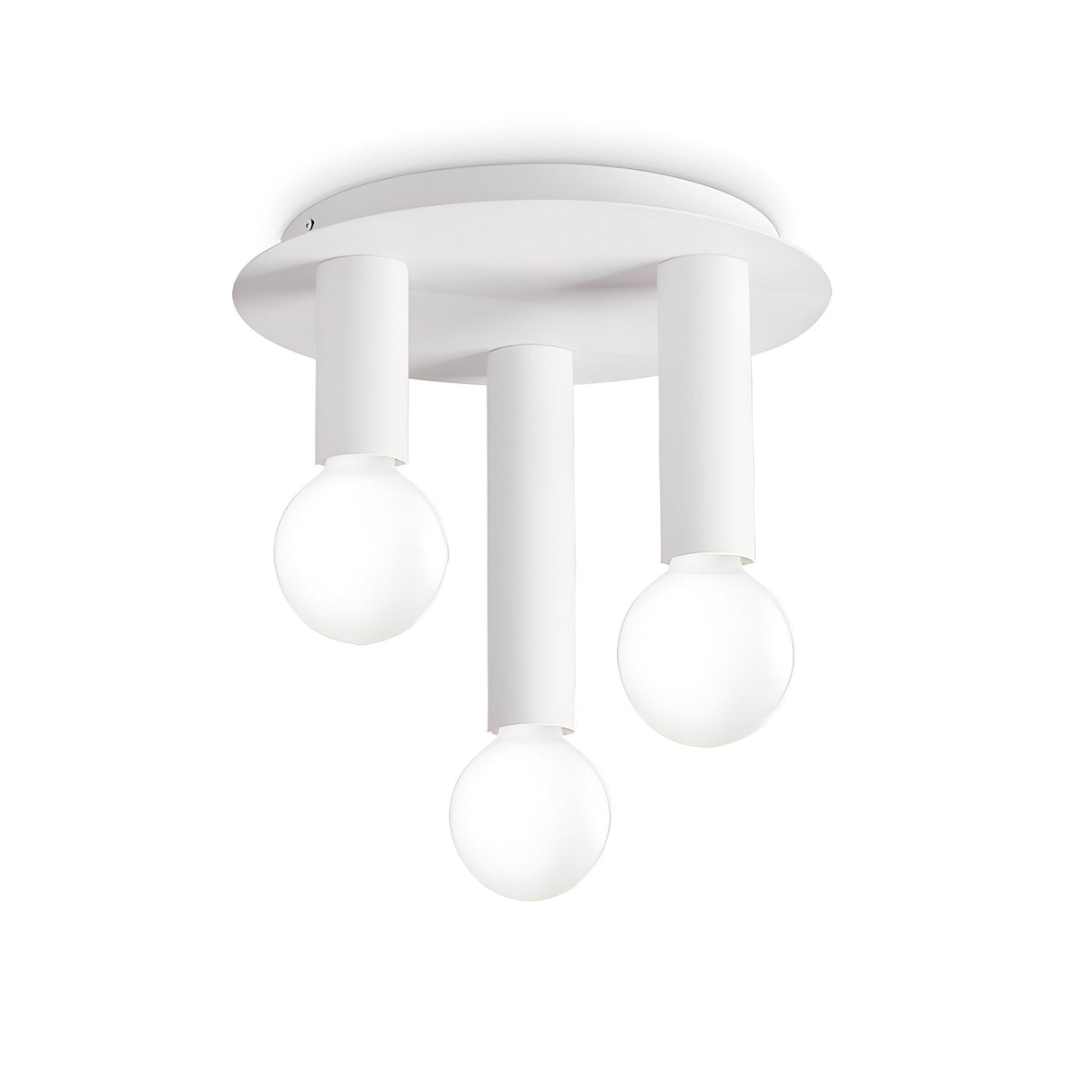 The Aetheron 3 Light Semi Flush - White is a contemporary ceiling light fixture with three cylindrical white bases, each stylishly supporting a round frosted bulb, all mounted on a sleek white circular base.