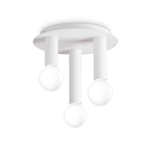 The Aetheron 3 Light Semi Flush - White is a contemporary ceiling light fixture with three cylindrical white bases, each stylishly supporting a round frosted bulb, all mounted on a sleek white circular base.