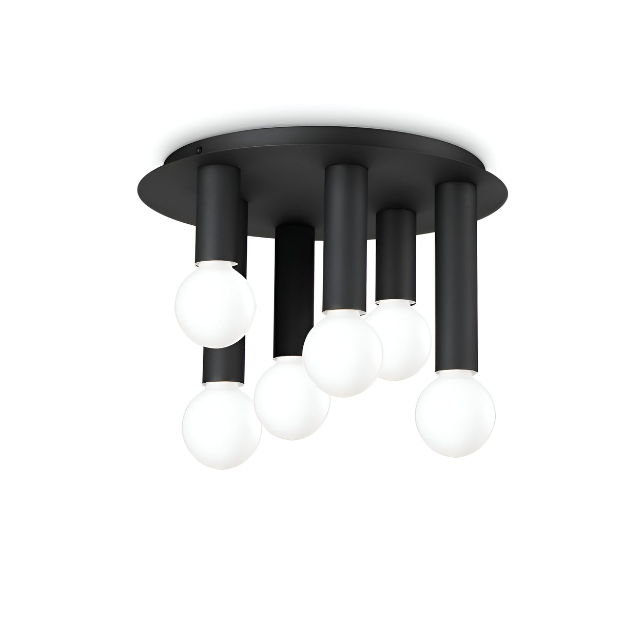 The Aetheron 6 Light Semi Flush - Black features a modern design with a black circular base and six cylindrical rods, each supporting a white spherical bulb. This ceiling light fixture exudes sleek, contemporary vibes with its minimalist appeal and industrial-chic edge.