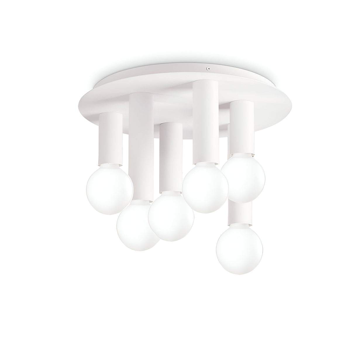 Introducing the Aetheron 6 Light Semi Flush - White, a chic ceiling light fixture featuring six frosted glass bulbs elegantly arranged in a circular pattern on a stylish white round base. Ideal for minimalist interiors, its contemporary design adds an elegant and simple touch to any space.