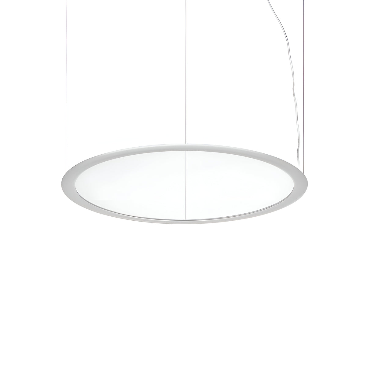 The Luxra LED Suspension Light 38W 3000K - White, 63cm features a sleek, modern design with a smooth white surface and a thin metal border, hanging from two wires to embody modern elegance. Its energy-efficient illumination is evenly diffused, providing an elegant and contemporary appearance.