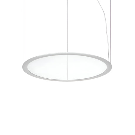 The Luxra LED Suspension Light 38W 3000K - White, 63cm features a sleek, modern design with a smooth white surface and a thin metal border, hanging from two wires to embody modern elegance. Its energy-efficient illumination is evenly diffused, providing an elegant and contemporary appearance.