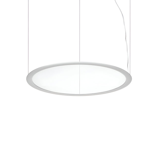 The Luxra LED Suspension Light 38W 3000K - White, 63cm features a sleek, modern design with a smooth white surface and a thin metal border, hanging from two wires to embody modern elegance. Its energy-efficient illumination is evenly diffused, providing an elegant and contemporary appearance.