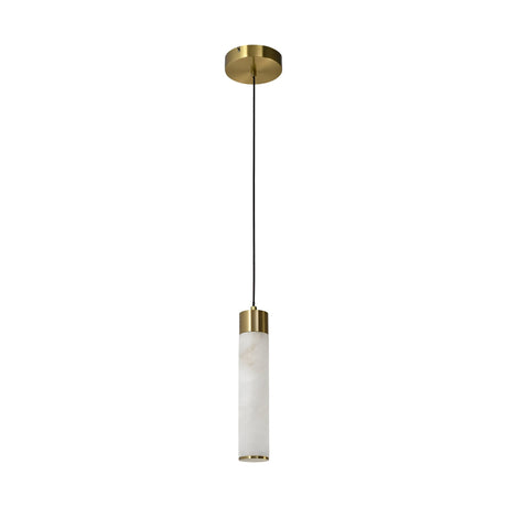 The Norex LED Tube Alabaster Single Pendant Light features a soft white cylindrical shade, brushed brass accents, and is suspended from a black cord with a round brass ceiling mount.