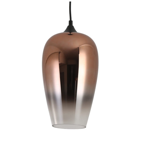 Niori Slice teardrop glass pendant light with copper ombre shade fading to clear, suspended from a matt black ceiling rose and braided cable.