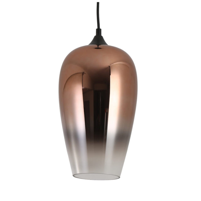 Niori Slice teardrop glass pendant light with copper ombre shade fading to clear, suspended from a matt black ceiling rose and braided cable.
