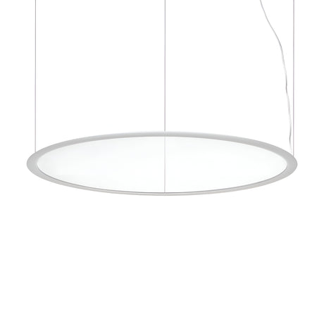 Introducing the Luxra LED Suspension Light 61W 3000K - White, 93cm, a sleek and modern marvel with a minimalist round design. This energy-efficient lighting solution hangs gracefully from the ceiling by two thin wires along with its power cord, casting a clean and bright glow. Its simple frame and contemporary white finish stand out beautifully against a plain backdrop.