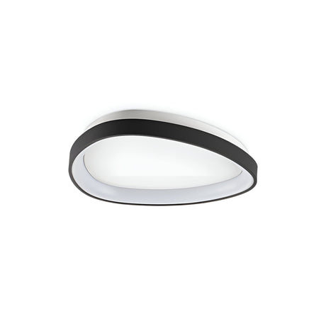 The Zephra LED Ceiling Light 23W 3000K, with its oval shape and sleek black and white design, offers a modern minimalist touch with a smooth, curved frame. This energy-efficient fixture is displayed turned off against a plain white background.
