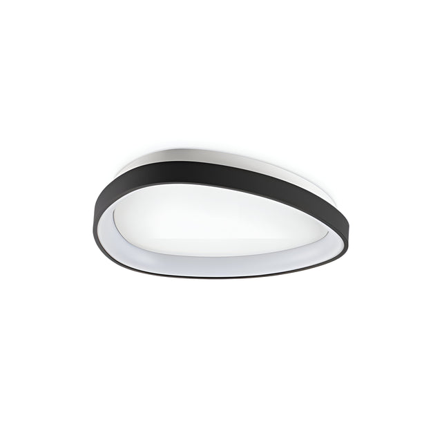 The Zephra LED Ceiling Light 23W 3000K, with its oval shape and sleek black and white design, offers a modern minimalist touch with a smooth, curved frame. This energy-efficient fixture is displayed turned off against a plain white background.