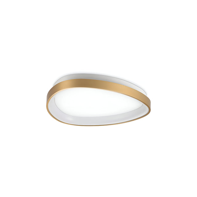 The Zephra LED Ceiling Light 23W 3000K - Brass, 42cm is an oval-shaped fixture that boasts a sleek, minimalist design. It includes a white central panel encircled by a brass-finished border, providing energy-efficient lighting while elegantly mounted on a white ceiling.