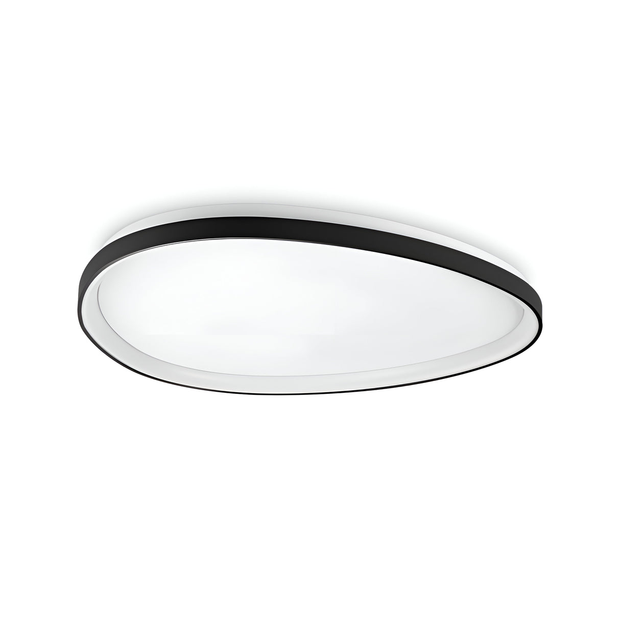 The Zephra LED Ceiling Light 48W 3000K in black, with its modern oval shape and sleek design, features a smooth white center softly illuminated by energy-efficient lighting and measures 81cm.