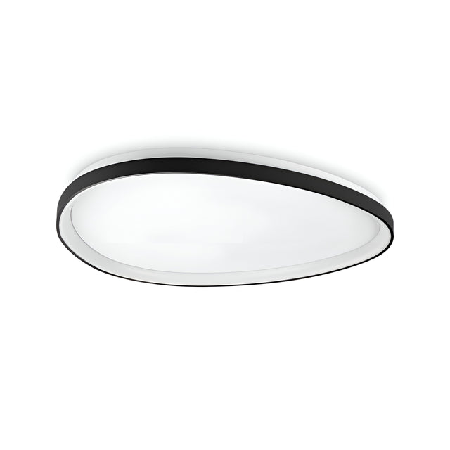 The Zephra LED Ceiling Light 48W 3000K in black, with its modern oval shape and sleek design, features a smooth white center softly illuminated by energy-efficient lighting and measures 81cm.