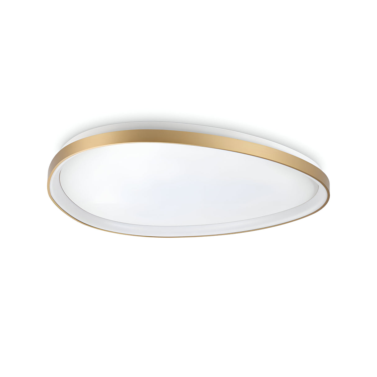 The Zephra LED Ceiling Light 48W 3000K - Brass, measuring 81cm, is a round fixture with a sleek and minimalist design. It features a soft white diffuser and brass finish rim, providing even illumination perfect for contemporary interiors with its integrated LED technology.