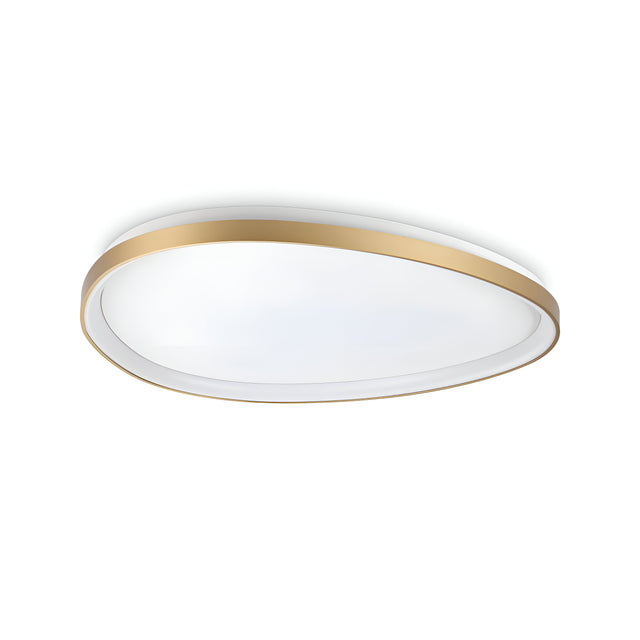 The Zephra LED Ceiling Light 48W 3000K - Brass, measuring 81cm, is a round fixture with a sleek and minimalist design. It features a soft white diffuser and brass finish rim, providing even illumination perfect for contemporary interiors with its integrated LED technology.